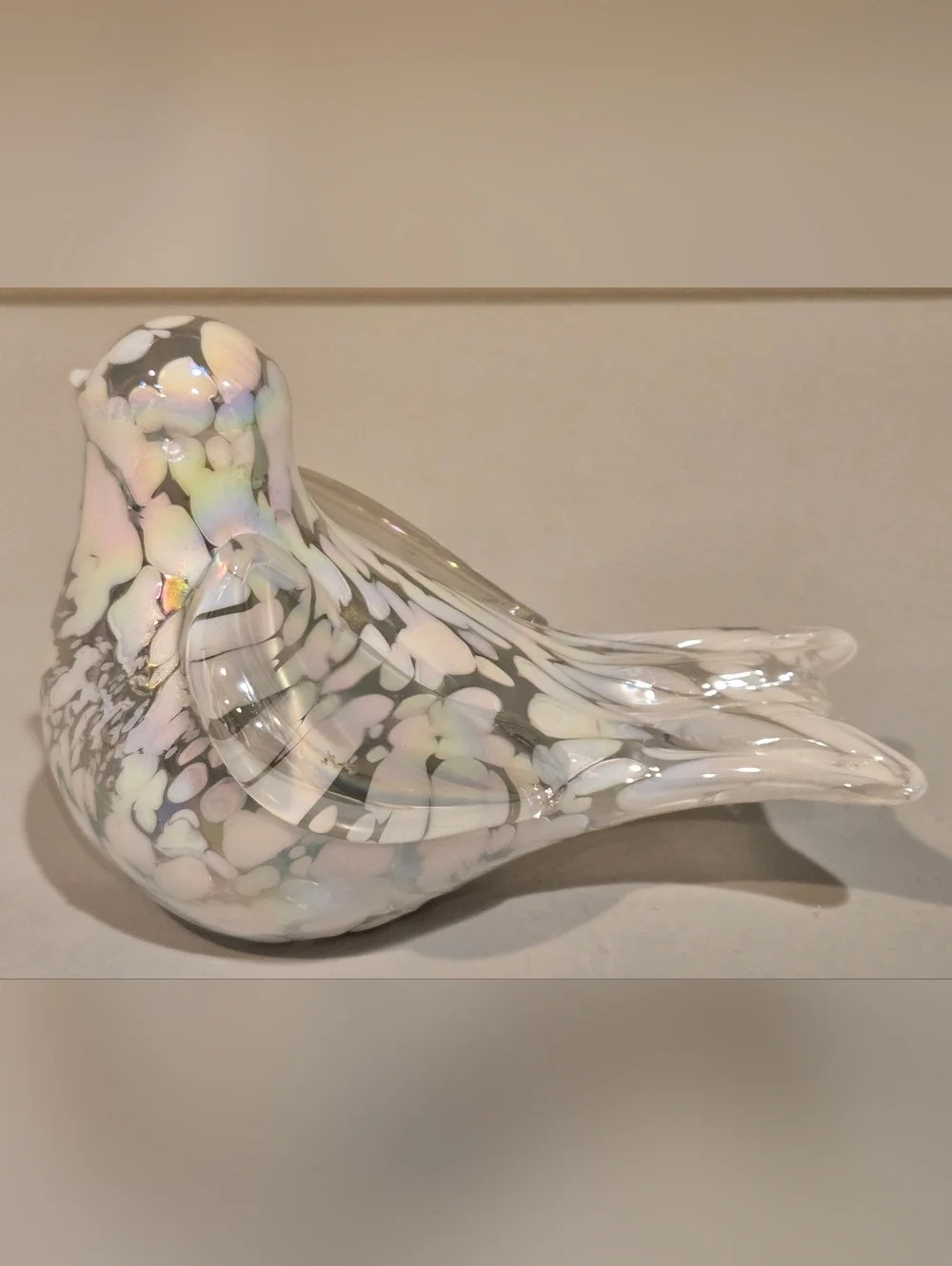 Iridescent White Glass Bird Paperweight Figurine - Decorative Pet Bird Accent